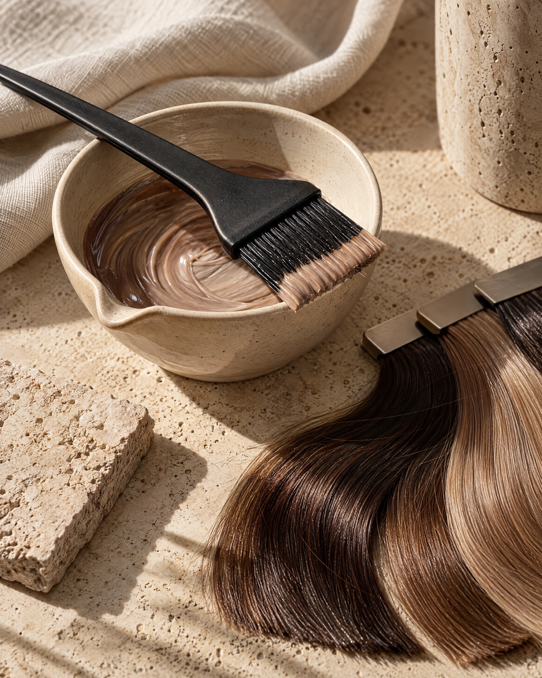 Illustrative color bowl, brush and hair swatches