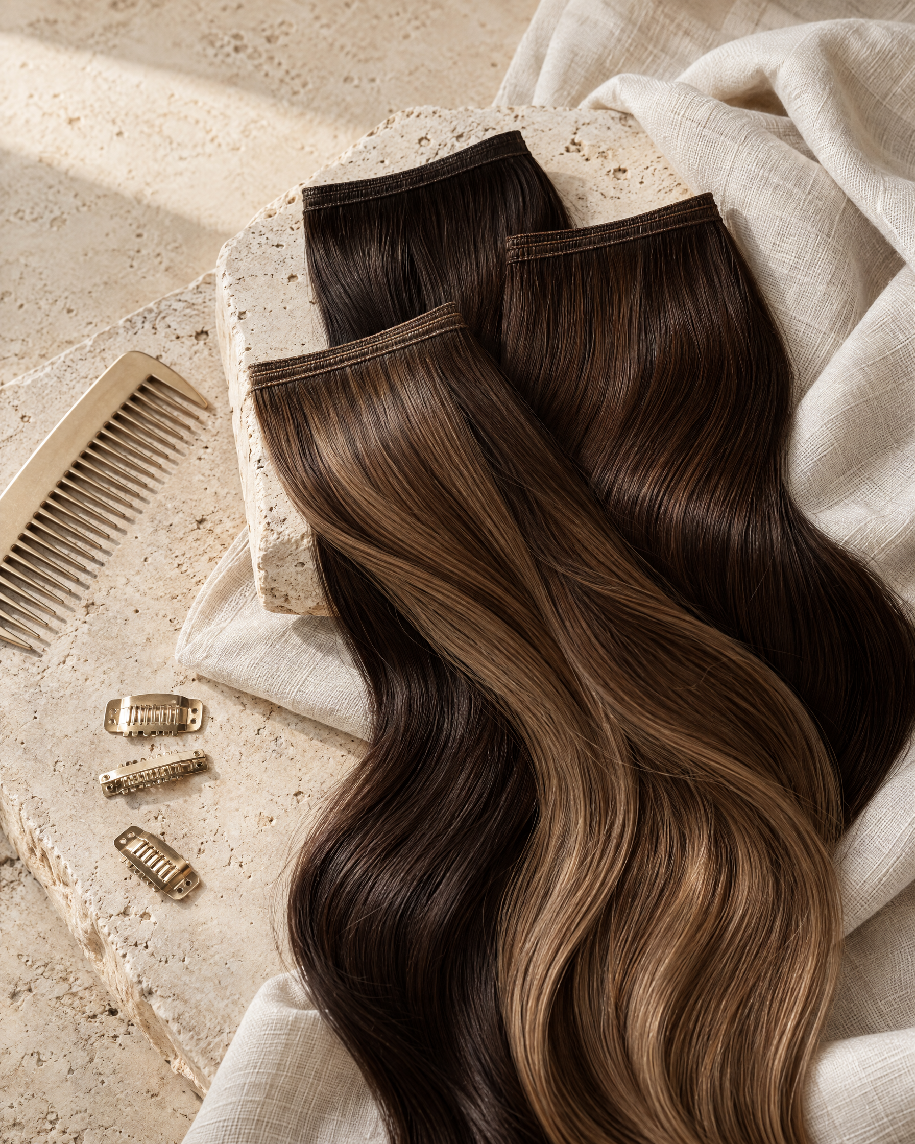 Illustrative hair extension materials laid out for comparison